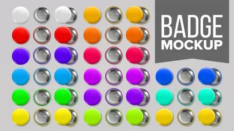 Badge Mockup Set Vector. Pin Brooch Button Blank. Two Sides. Promotion Stock Illustration