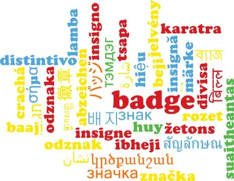 Badge multilanguage wordcloud background concept Stock Illustration