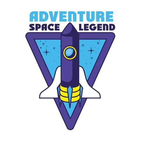 Badge with one rocket in it and adventure space leyend lettering Illustrazione stock