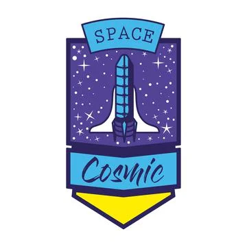 Badge with one rocket in it and space cosmic lettering Stockillustratie