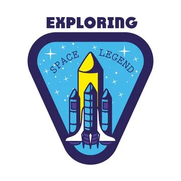 Badge with one rocket in it and exploring space leyend lettering Stock Illustration
