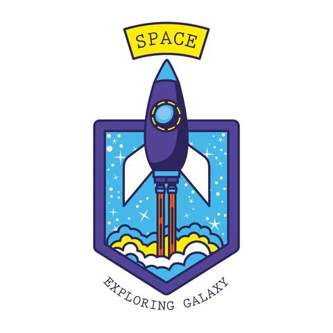 Badge with one rocket in it and space exploring galaxy lettering Illustrazione stock