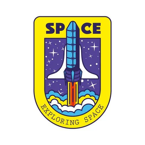 Badge with one rocket in it and space exploring space lettering Illustrazione stock