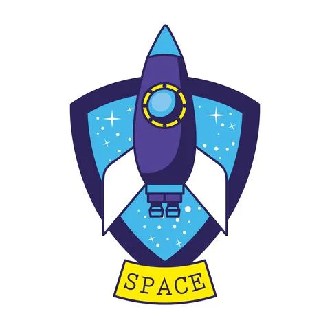 Badge with spaceship in it and space lettering over a white background Illustrazione stock