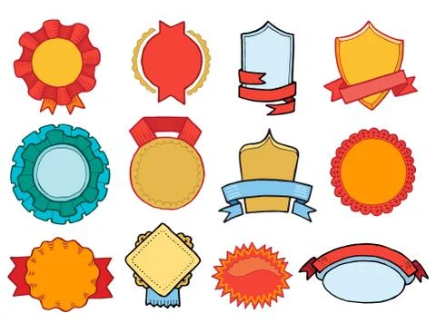 Badge vector retro sticker or premium emblem sign with ribbon illustration Ilustração Stock
