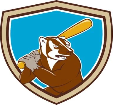 Badger Baseball Player Batting Shield Cartoon Stock Illustration