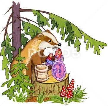 Badger gives gifts on a stub under a fir-tree in the forest, watercolor illus Stock Illustration