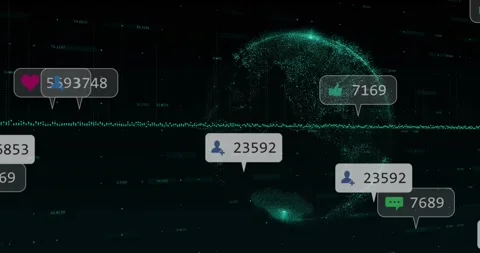Badges appearing from right, clustering over point globe, growing counts and Stock Footage 327359589