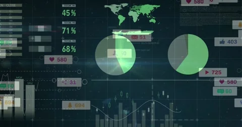 Badges sliding in starting dashboard animating pies growing bars moving counts Stock Footage 329505324