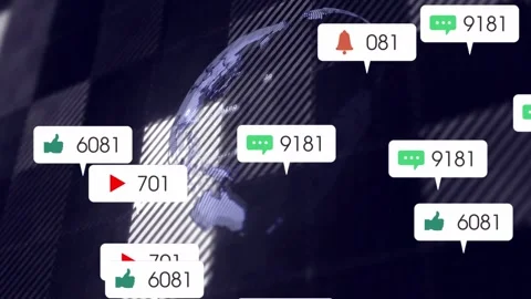 Badges spawning from edges, stacking around rotating globe, visualizing Stock Footage 332685876