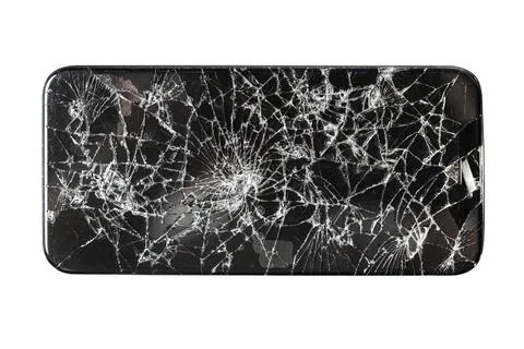 Badly broken phone screen on white isolated background Stock Photos