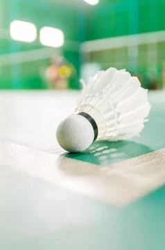 Badminton courts with shuttlecocks in the foreground Stock Photos
