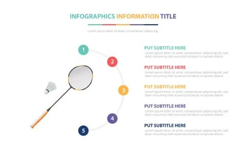 Badminton infographic template concept with five points list and various colo Stock Illustration