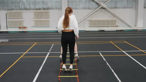 Badminton positioning practice. Practicing precise lateral and split stance Stock Footage 335958568