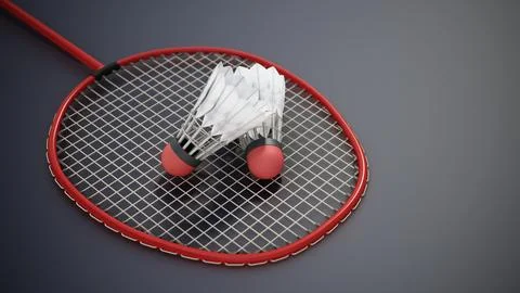 Badminton racket and shuttlecocks on gray background. 3D illustration Illustrazione stock