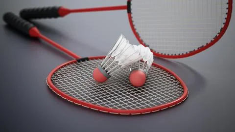 Badminton racket and shuttlecocks on gray background. 3D illustration Stock Illustration