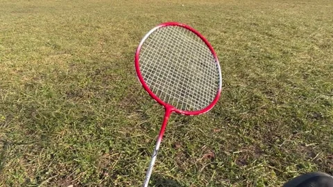 Badminton racket on the background of green grass Stock Footage 304611055