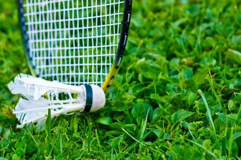 Badminton racket on grass Stock Photos