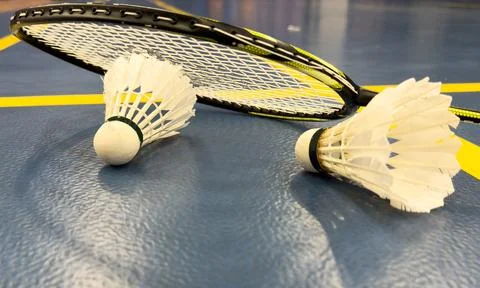 Badminton racket with white strings Stock Photos