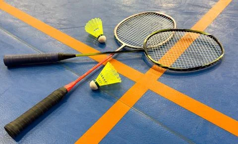 Badminton racket with white strings Stock Photos
