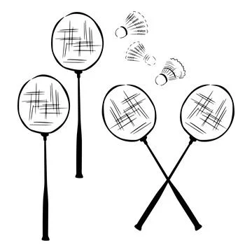 Badminton set . Hand drawn vector illustrations. Stock Illustration