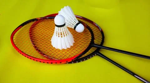 Badminton shutter cocks were put on the racket with yellow background Stock Photos