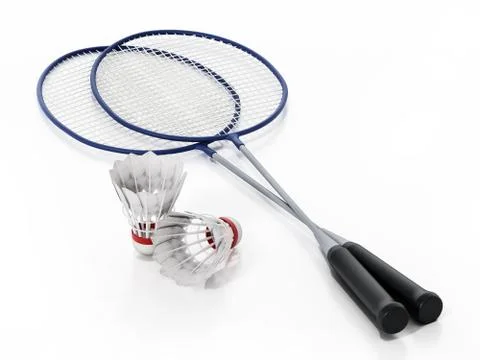 Badminton shuttlecocks and rackets isolated on white background. 3D illustrat Stock Illustration