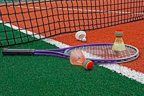 Badminton shuttlecocks &amp; racket-1 Stock Photos