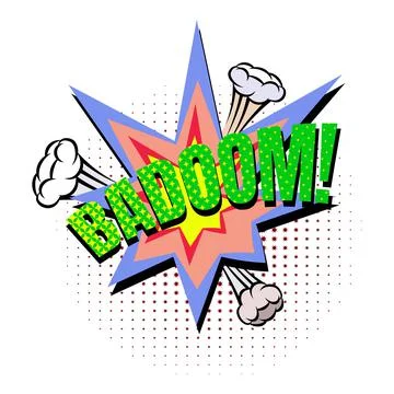 Badoom comic explosion bubble in popart vintage style. Cartoon style vector. Illustrazione stock