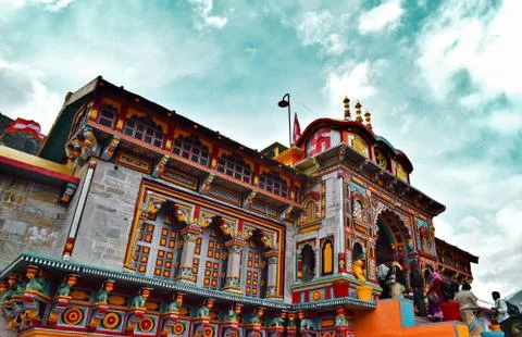 Badrinath Temple, Uttarakhand, India with dramatic sky. Stock Photos