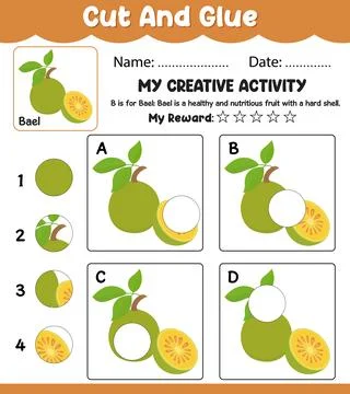 Bael Cut and Match Vector Worksheet, Preschool Learning Activity with Name,.. Stock Illustration