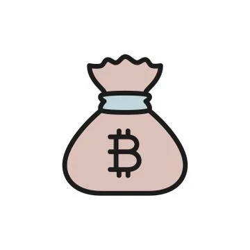 Bag with bitcoin sign, cryptocurrency flat color icon. Stock Illustration