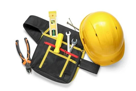 Bag with construction workers tools on white background Stock Photos