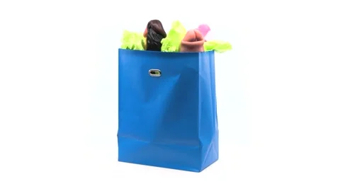Bag of dicks, a blue gift bag full of various dildo sex toys. Stockbeeldmateriaal 219091504