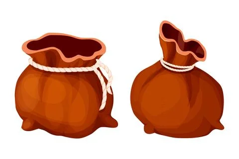 Bag, empty sack set with rope in cartoon style isolated on white background Stock Illustration