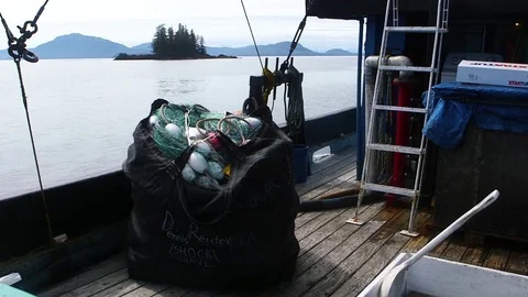 Bag of fishing nets and float in the fishing boat 스톡 동영상 83179082
