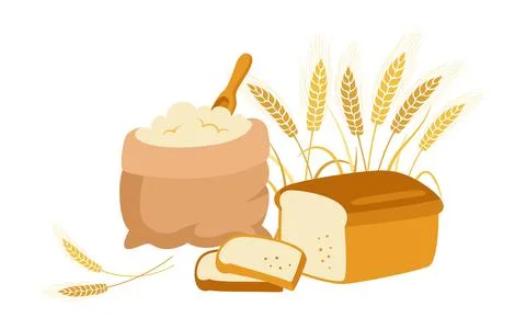Bag flour wheat ears bread sliced cartoon vector Illustrazione stock