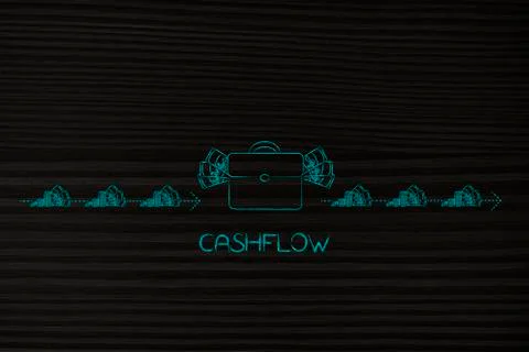 Bag full of money with dashed arrows of cash going in and out of it with earn Stock Illustration
