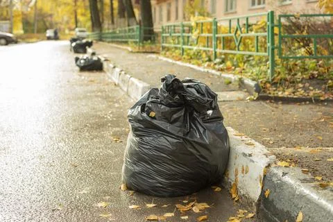 Bag of garbage on side of road. Leaf harvesting. Collecting waste in black ba Foto stock