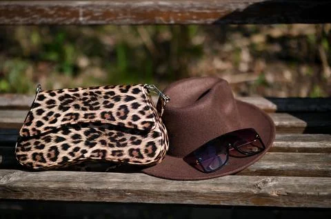 Bag with leopard pattern placed on wooden bench near hat and sunglasses, Foto stock