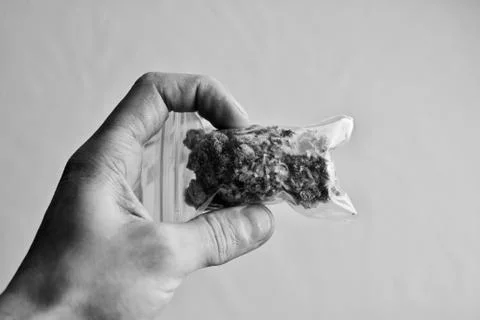 Bag with a marijuana in hand Stock Photos