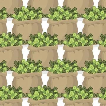 Bag with money seamless pattern. Many dollars in bags. Texture with treasures Illustrazione stock
