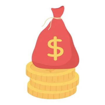 Bag money on stack of coins isolated icon white background Stock Illustration
