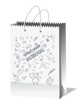 A bag with school scribbles. Illustration for a school sale. Illustrazione stock
