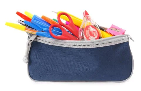 Bag with school tools on a white background. Stock Photos
