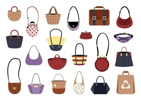 Bag set. Different textile handbag, pocket, and leather briefcase. Fashion wo Stock Illustration