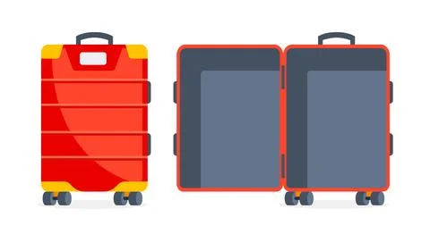 Bag travel. Empty open red suitcase. Plastic luggage. Vector illustration Stock Illustration