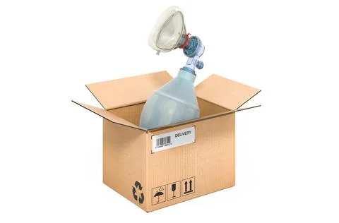 Bag valve mask, Ambu bag inside cardboard box, delivery concept. 3D rendering 스톡 일러스트