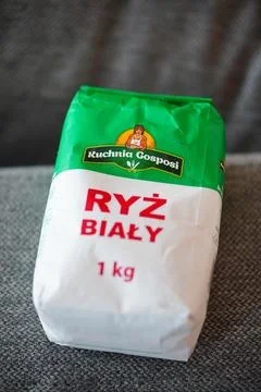 Bag of white rice. Kuchnia Gosposi white rice. Stock Photos