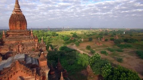 Bagan Aerial View, Flying Over Ancient Buddhist Temple, Myanmar (Burma) Stock Footage 72427495